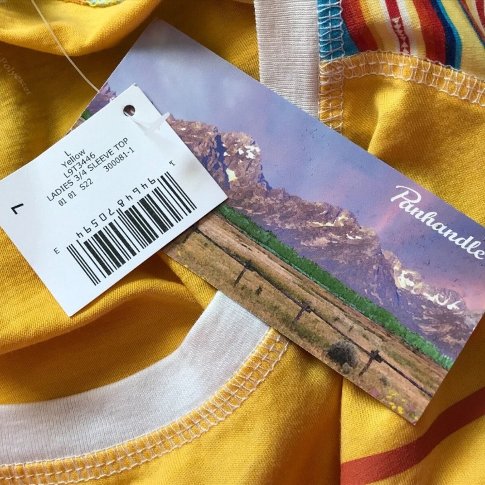 Panhandle Top Shirt Womens L Yellow 3/4 Raglan Sleeve Western Desert Sunset Prin - Picture 8 of 9